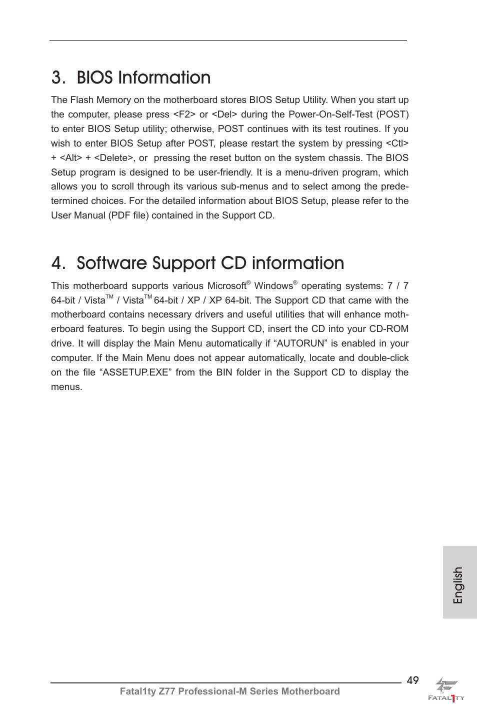 Bios information, Software support cd information, English | ASRock Fatal1ty Z77 Professional-M User Manual | Page 49 / 245