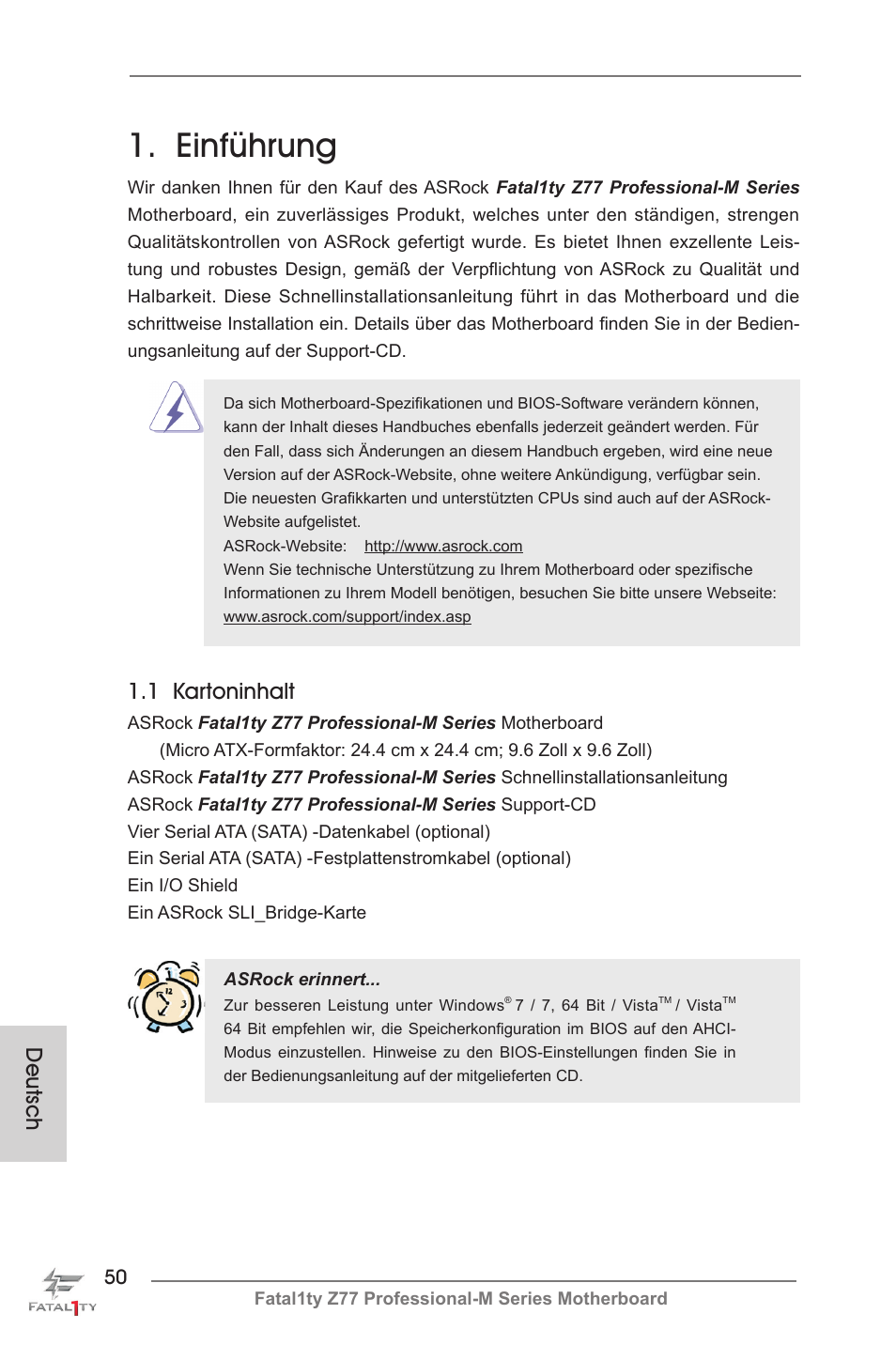 German, Einführung, 1 kartoninhalt | Deutsch | ASRock Fatal1ty Z77 Professional-M User Manual | Page 50 / 245
