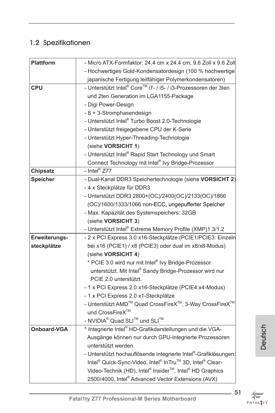 Deutsch 1.2 spezifikationen | ASRock Fatal1ty Z77 Professional-M User Manual | Page 51 / 245