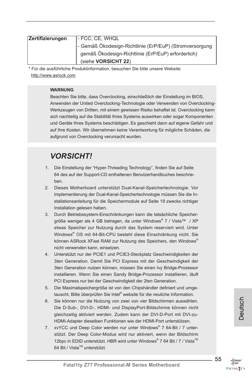 Vorsicht, Deutsch | ASRock Fatal1ty Z77 Professional-M User Manual | Page 55 / 245