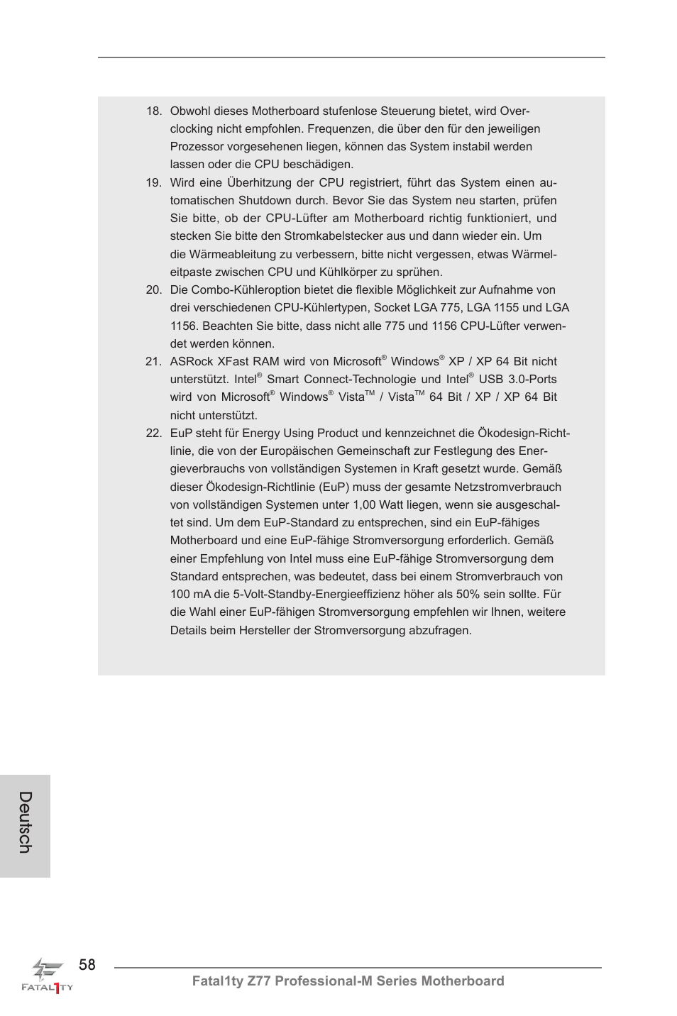Deutsch, Fatal1ty z77 professional-m series motherboard | ASRock Fatal1ty Z77 Professional-M User Manual | Page 58 / 245
