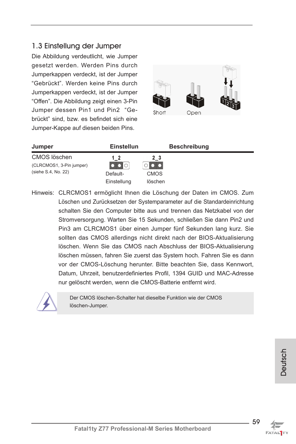 Deutsch 1.3 einstellung der jumper | ASRock Fatal1ty Z77 Professional-M User Manual | Page 59 / 245