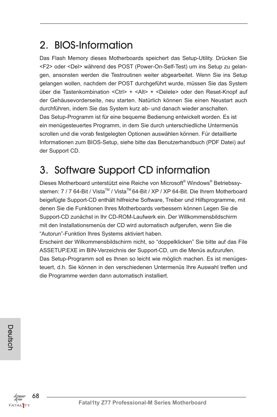 Bios-information, Software support cd information, Deutsch | ASRock Fatal1ty Z77 Professional-M User Manual | Page 68 / 245