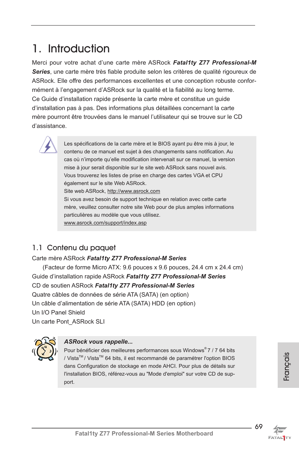 French, Introduction, Français | 1 contenu du paquet | ASRock Fatal1ty Z77 Professional-M User Manual | Page 69 / 245