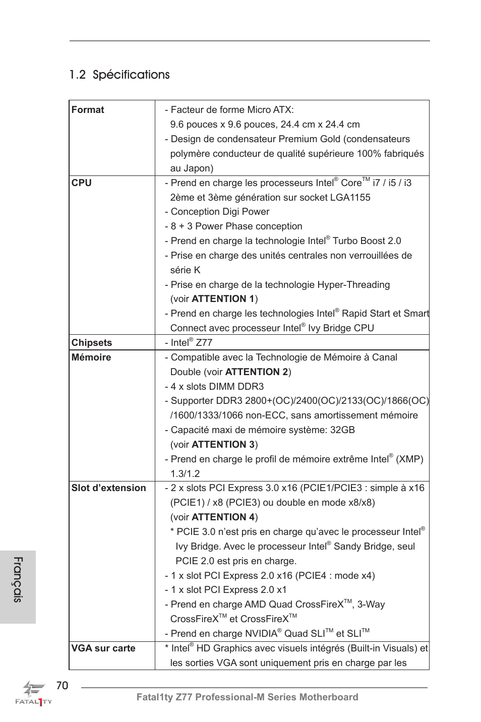 Français 1.2 spécifications | ASRock Fatal1ty Z77 Professional-M User Manual | Page 70 / 245