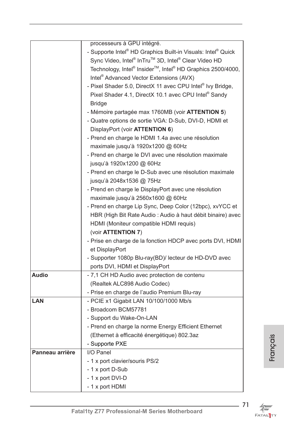 Français | ASRock Fatal1ty Z77 Professional-M User Manual | Page 71 / 245