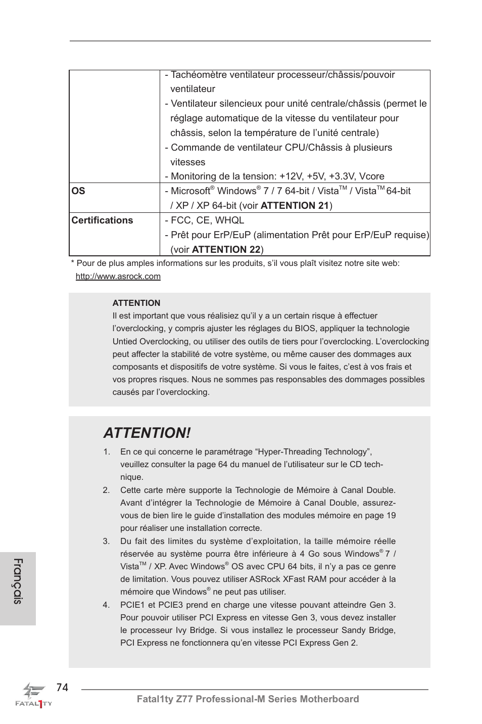 Attention, Français | ASRock Fatal1ty Z77 Professional-M User Manual | Page 74 / 245