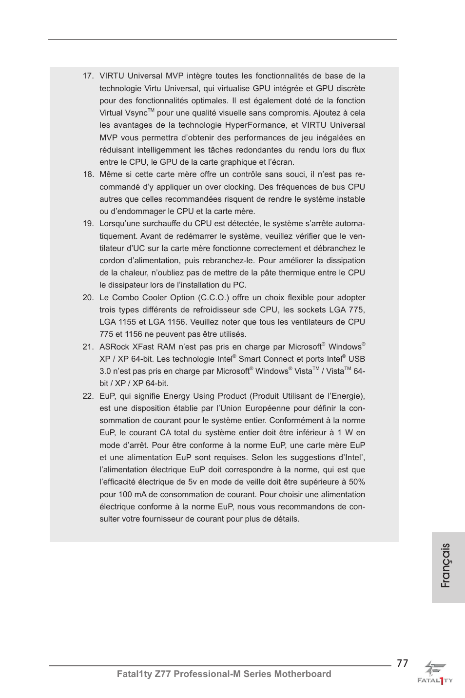 Français, Fatal1ty z77 professional-m series motherboard | ASRock Fatal1ty Z77 Professional-M User Manual | Page 77 / 245