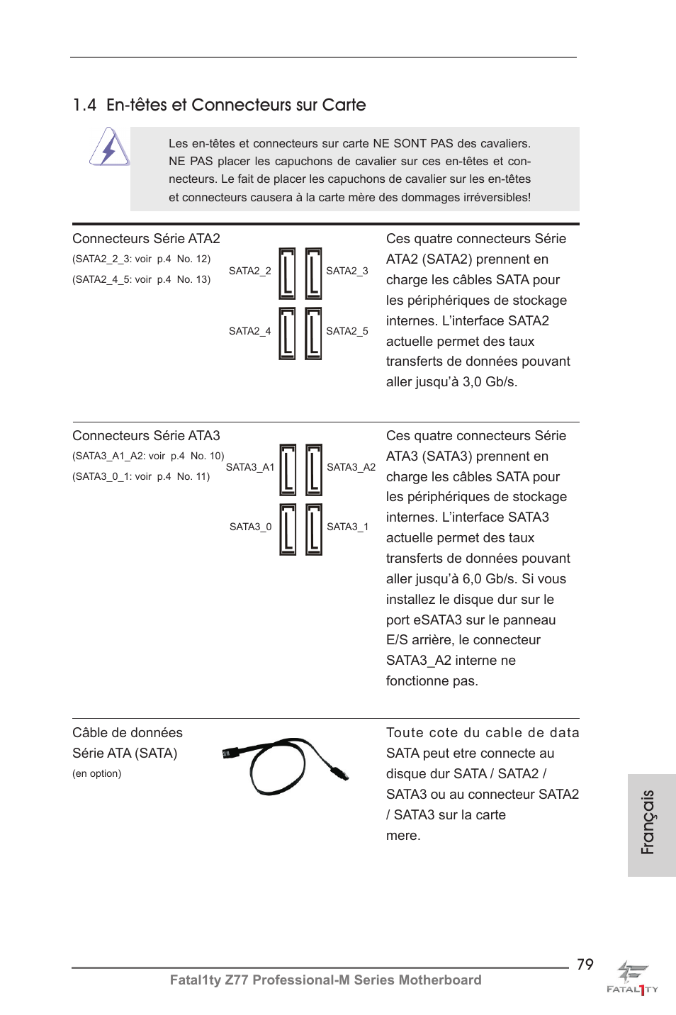 Français, 4 en-têtes et connecteurs sur carte | ASRock Fatal1ty Z77 Professional-M User Manual | Page 79 / 245