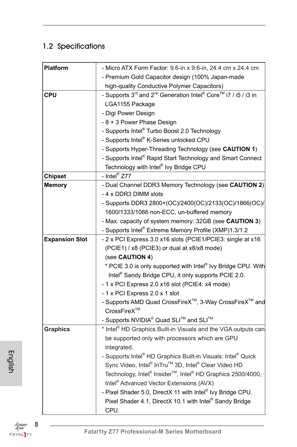 English 1.2 specifications | ASRock Fatal1ty Z77 Professional-M User Manual | Page 8 / 245