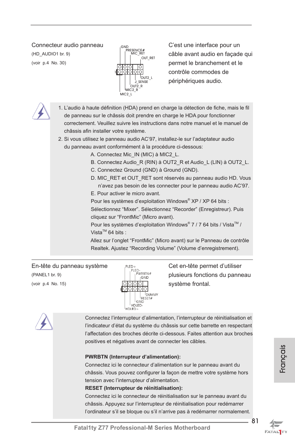 Français, Fatal1ty z77 professional-m series motherboard, Plusieurs fonctions du panneau | Système frontal, Câble avant audio en façade qui | ASRock Fatal1ty Z77 Professional-M User Manual | Page 81 / 245