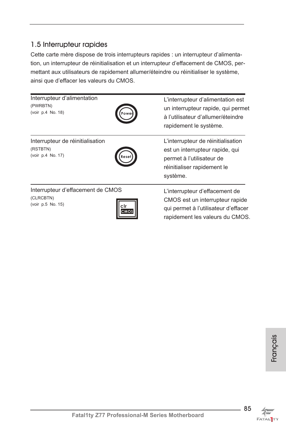 Français 1.5 interrupteur rapides | ASRock Fatal1ty Z77 Professional-M User Manual | Page 85 / 245