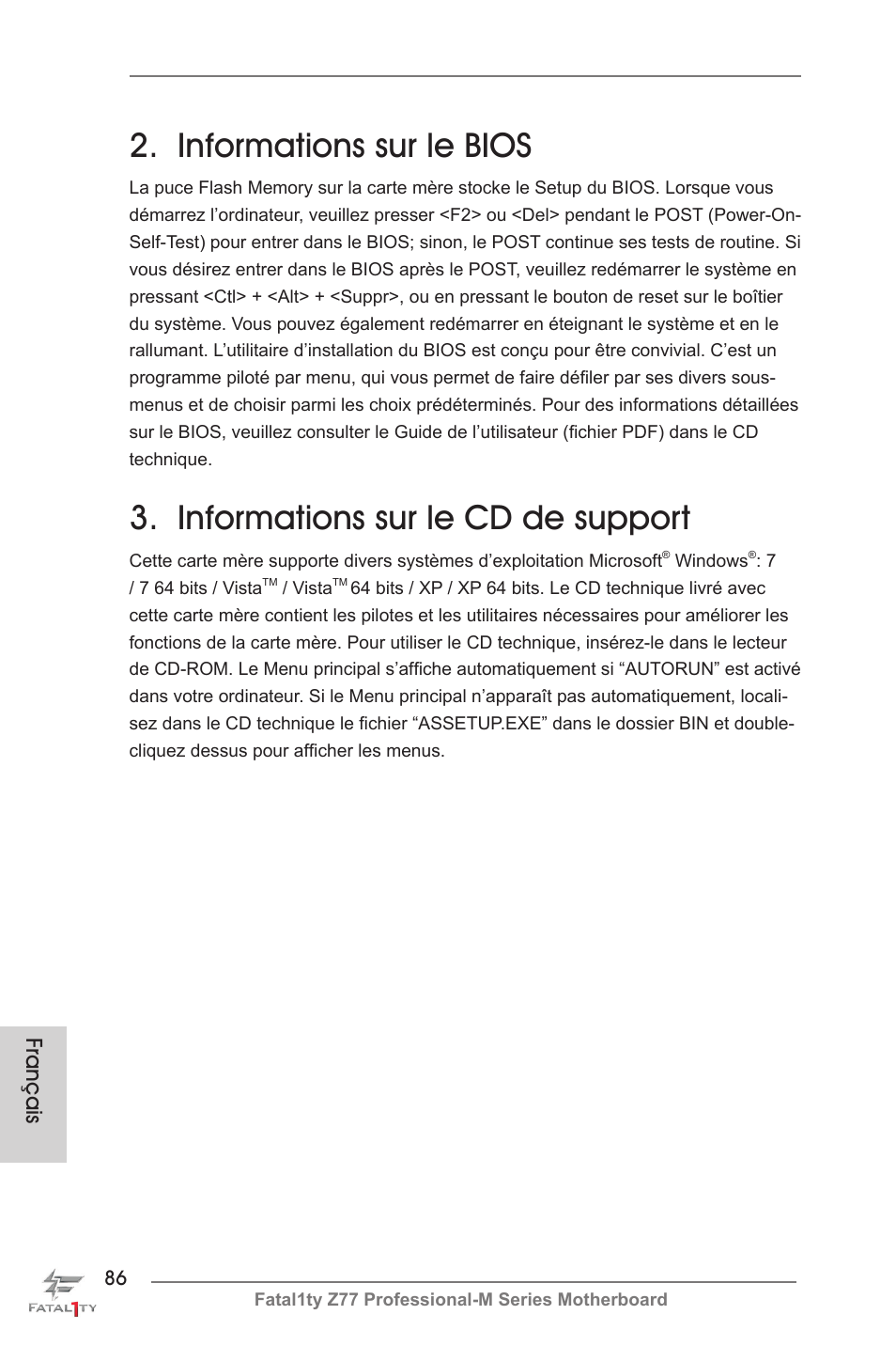 Informations sur le bios, Informations sur le cd de support, Français | ASRock Fatal1ty Z77 Professional-M User Manual | Page 86 / 245