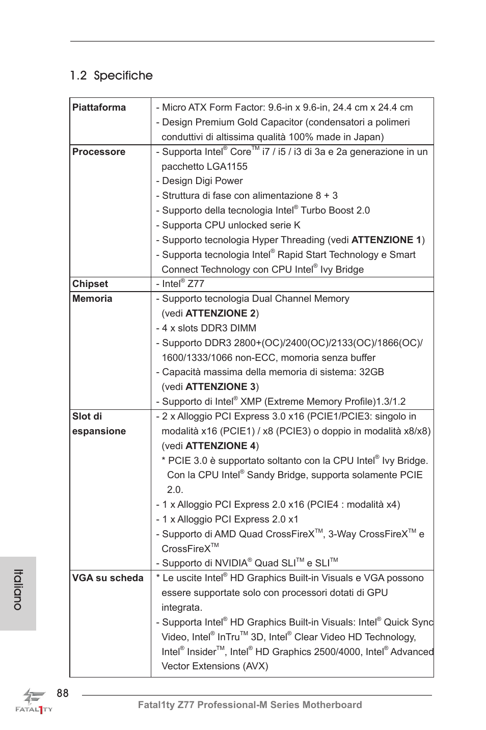 Italiano 1.2 specifiche | ASRock Fatal1ty Z77 Professional-M User Manual | Page 88 / 245