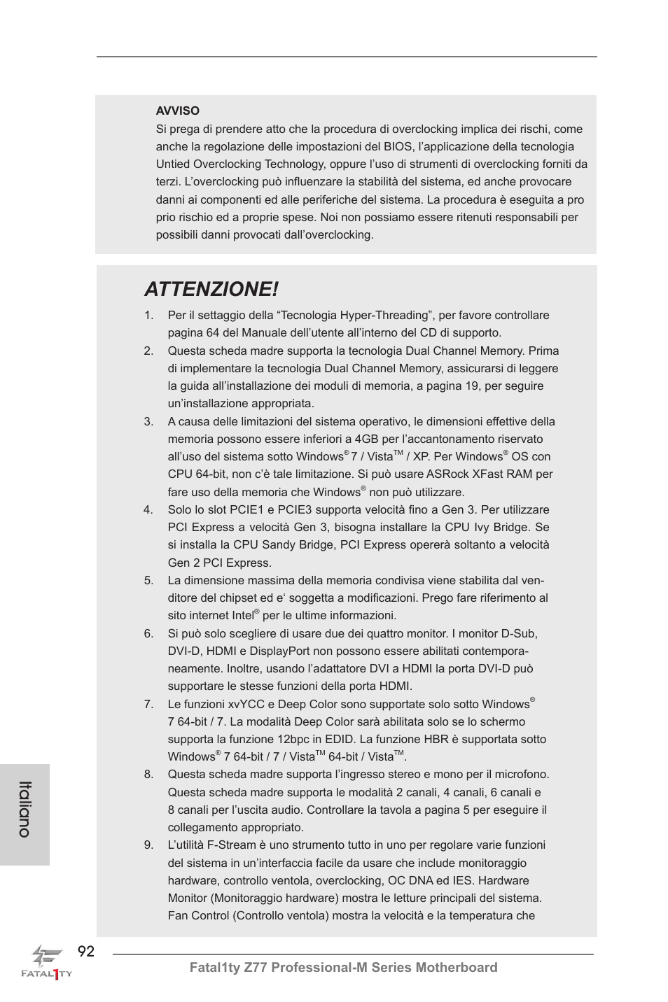 Attenzione, Italiano, Fatal1ty z77 professional-m series motherboard | ASRock Fatal1ty Z77 Professional-M User Manual | Page 92 / 245