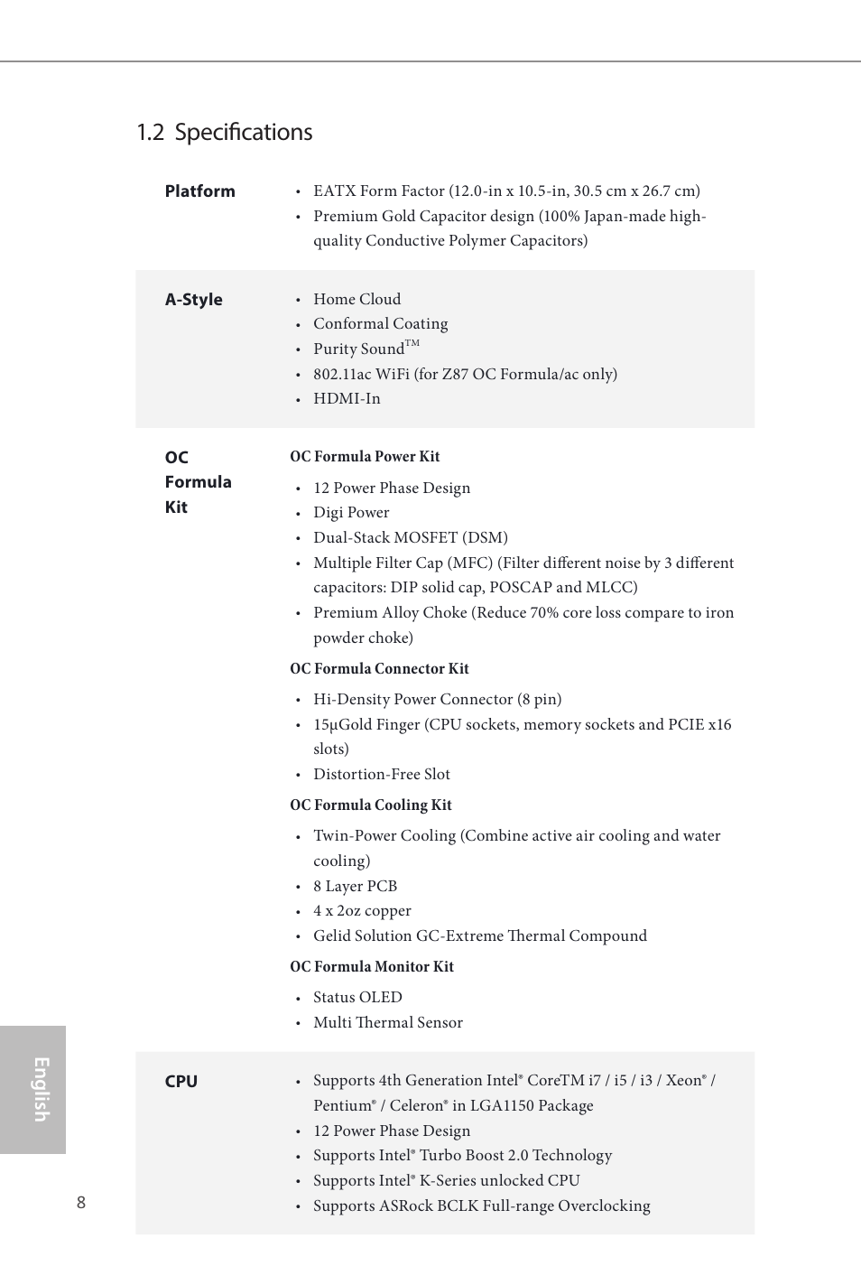 2 specifications, English | ASRock Z87 OC Formula__ac User Manual | Page 10 / 224