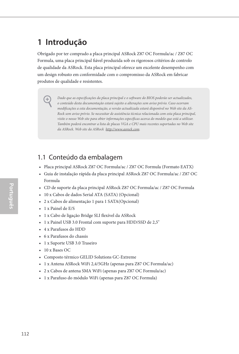 Portuguese, 1 introdução, 1 conteúdo da embalagem | ASRock Z87 OC Formula__ac User Manual | Page 114 / 224