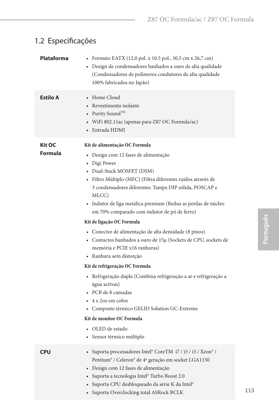 2 especificações, Por tuguês, Z87 oc formula/ac / z87 oc formula | ASRock Z87 OC Formula__ac User Manual | Page 115 / 224