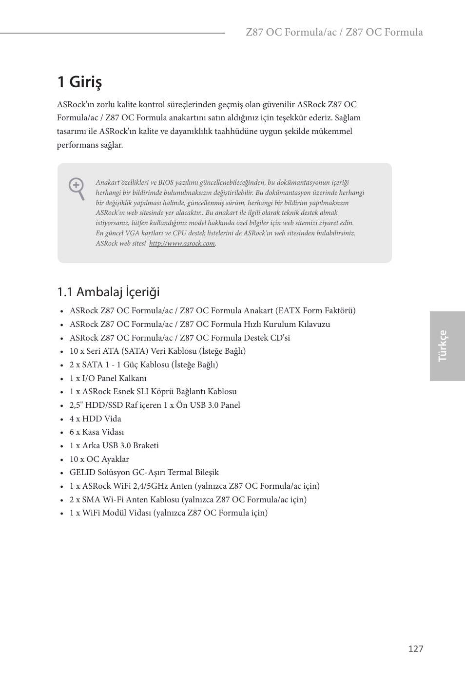 Turkish, 1 giriş, 1 ambalaj içeriği | ASRock Z87 OC Formula__ac User Manual | Page 129 / 224