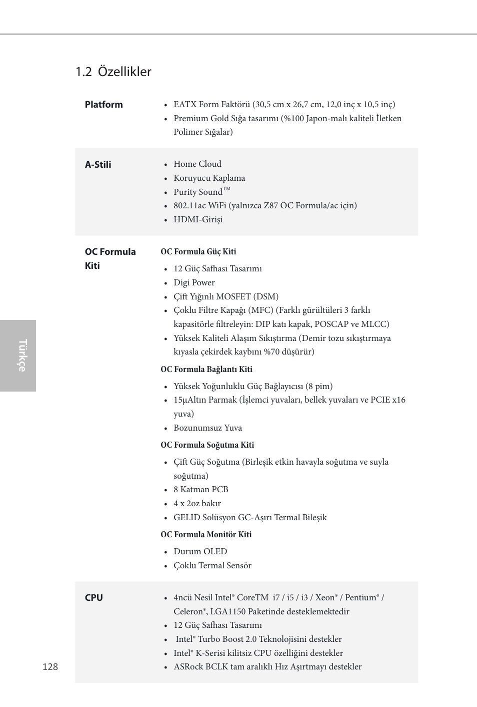 2 özellikler, Türk çe | ASRock Z87 OC Formula__ac User Manual | Page 130 / 224