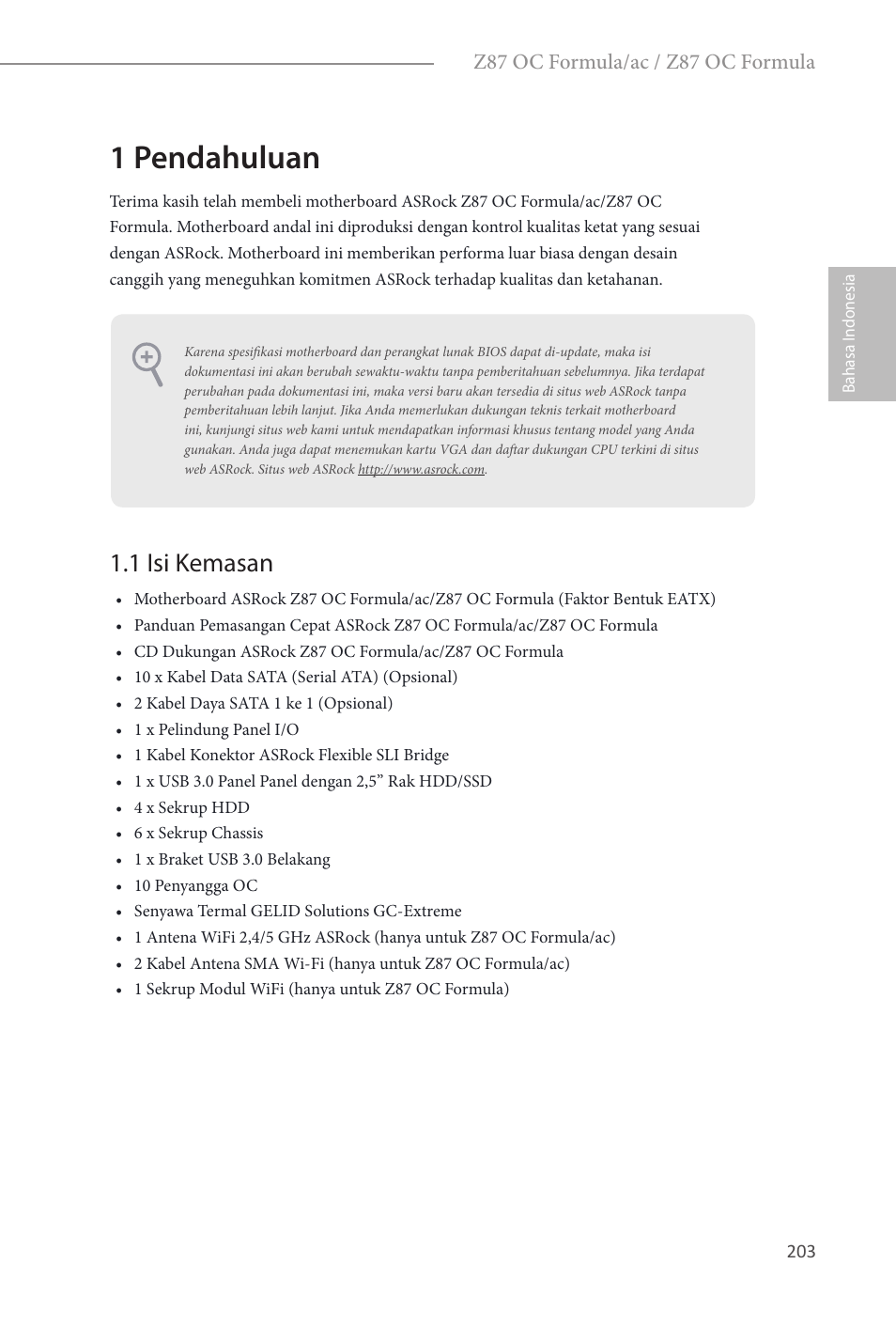 Indonesian, 1 pendahuluan, 1 isi kemasan | ASRock Z87 OC Formula__ac User Manual | Page 205 / 224