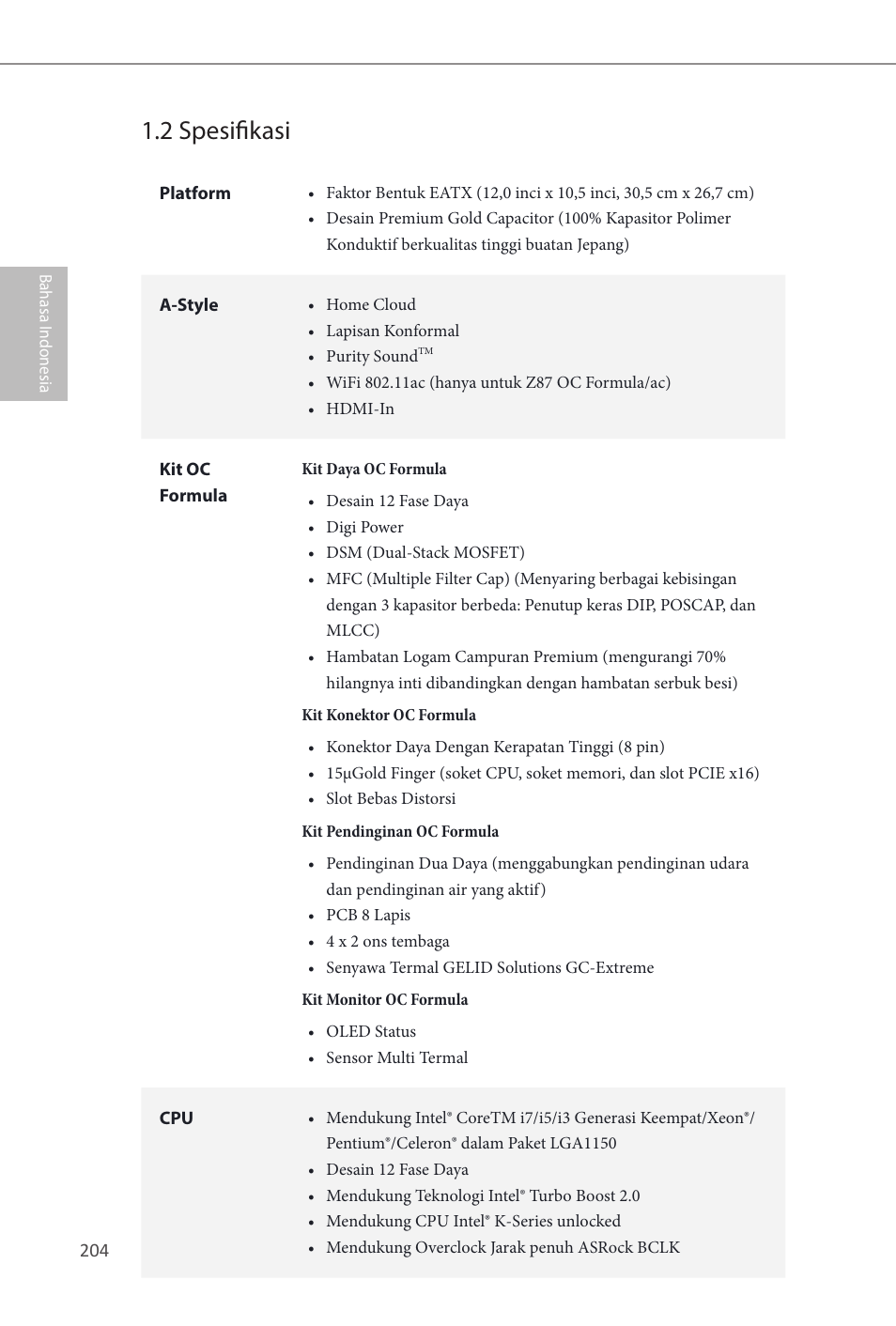 2 spesifikasi | ASRock Z87 OC Formula__ac User Manual | Page 206 / 224