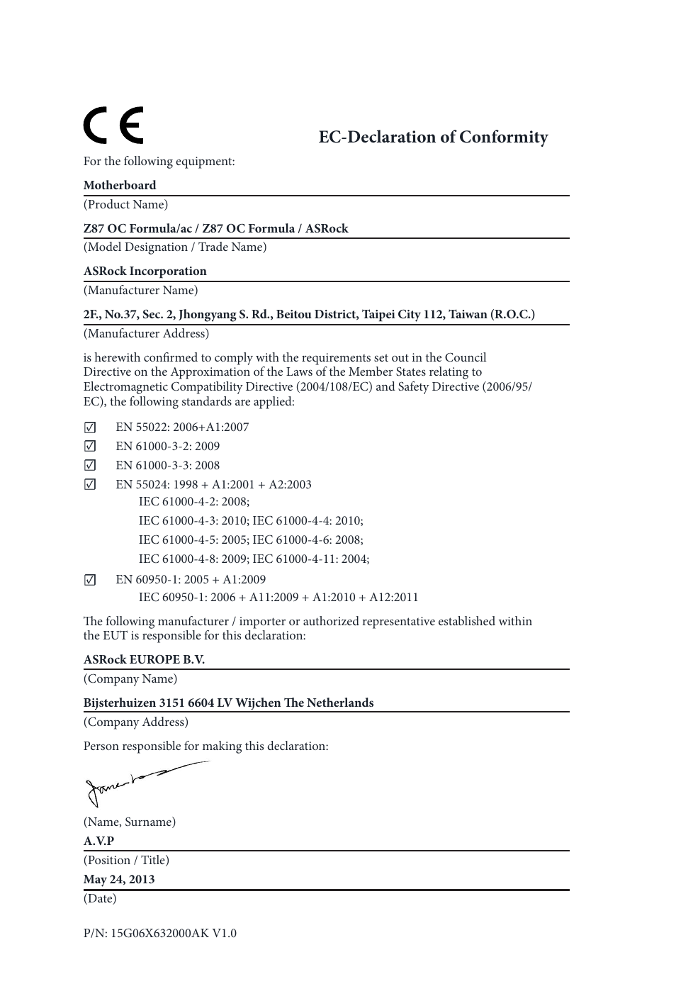 Ec-declaration of conformity | ASRock Z87 OC Formula__ac User Manual | Page 224 / 224