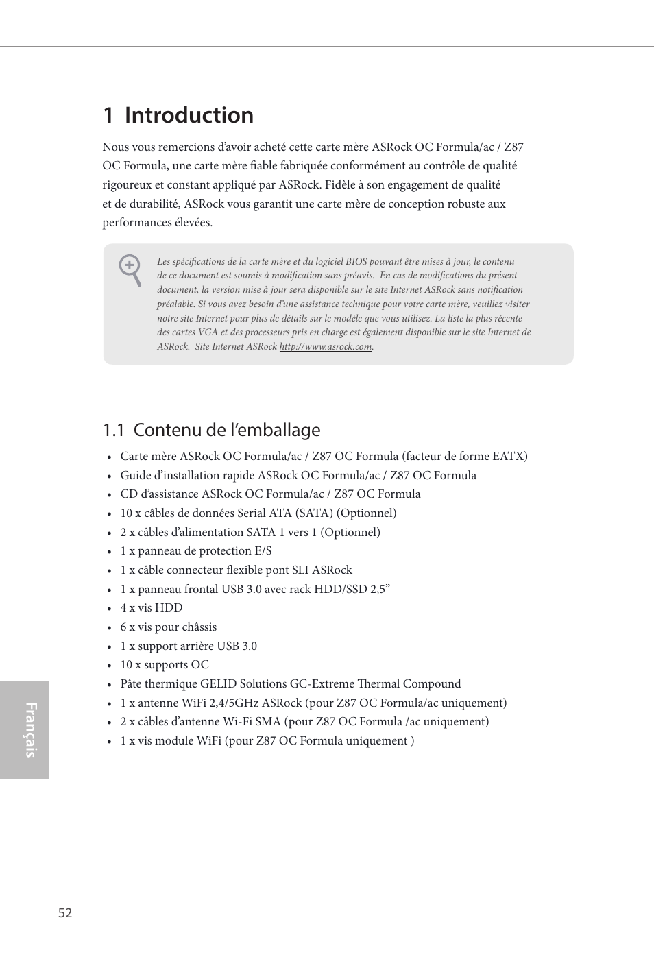 French, 1 introduction, 1 contenu de l’emballage | ASRock Z87 OC Formula__ac User Manual | Page 54 / 224