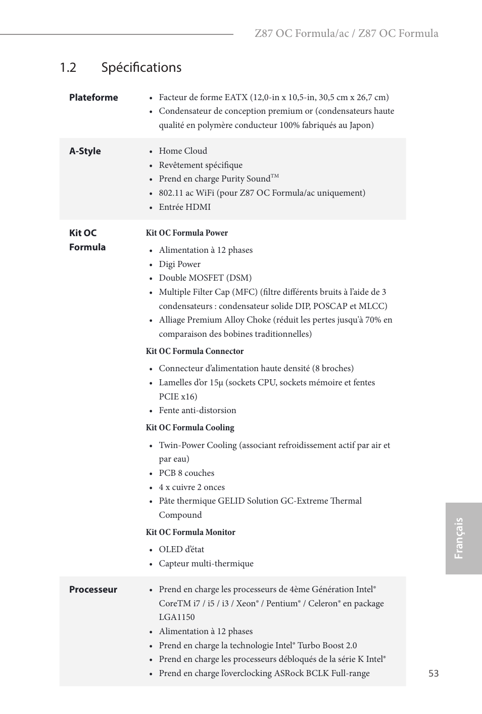 2 spécifications, Fr ançais français, Z87 oc formula/ac / z87 oc formula | ASRock Z87 OC Formula__ac User Manual | Page 55 / 224