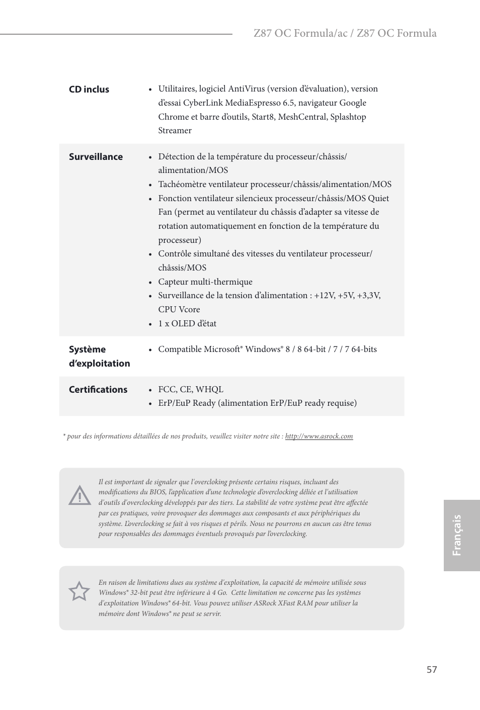 Fr ançais français, Z87 oc formula/ac / z87 oc formula | ASRock Z87 OC Formula__ac User Manual | Page 59 / 224