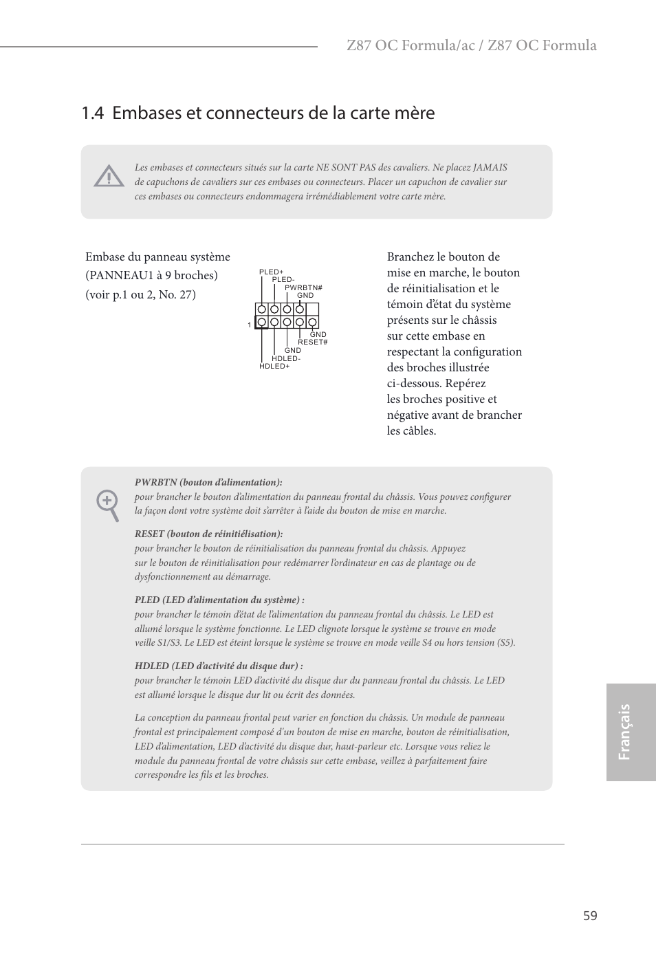 4 embases et connecteurs de la carte mère, Fr ançais français, Z87 oc formula/ac / z87 oc formula | ASRock Z87 OC Formula__ac User Manual | Page 61 / 224