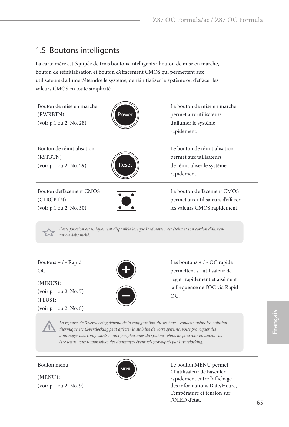 5 boutons intelligents | ASRock Z87 OC Formula__ac User Manual | Page 67 / 224