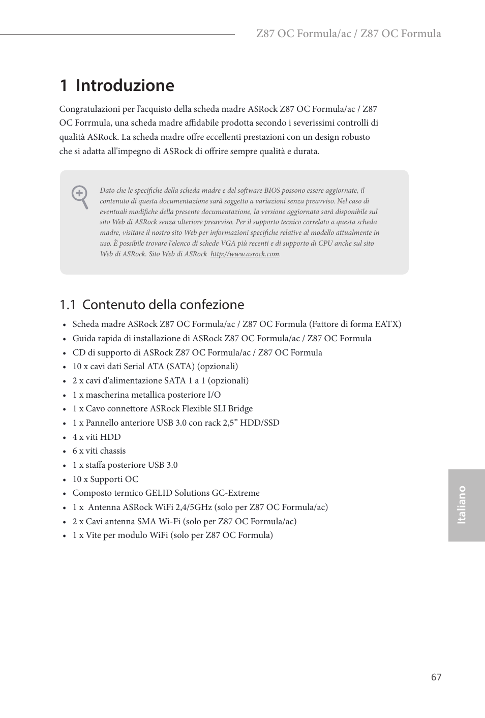 Italian, 1 introduzione, 1 contenuto della confezione | ASRock Z87 OC Formula__ac User Manual | Page 69 / 224