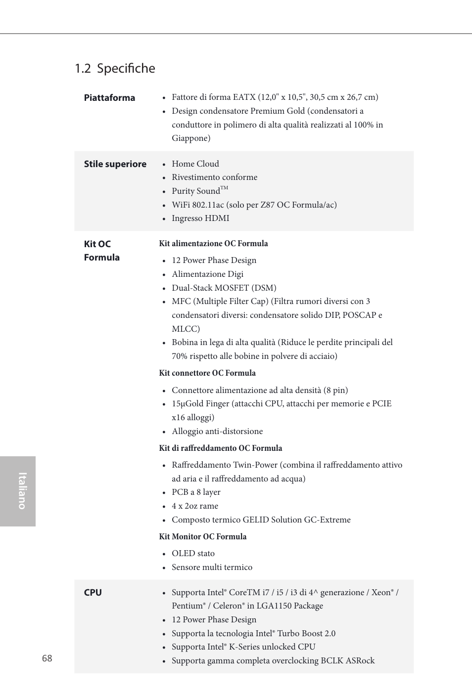 2 specifiche, Italiano | ASRock Z87 OC Formula__ac User Manual | Page 70 / 224