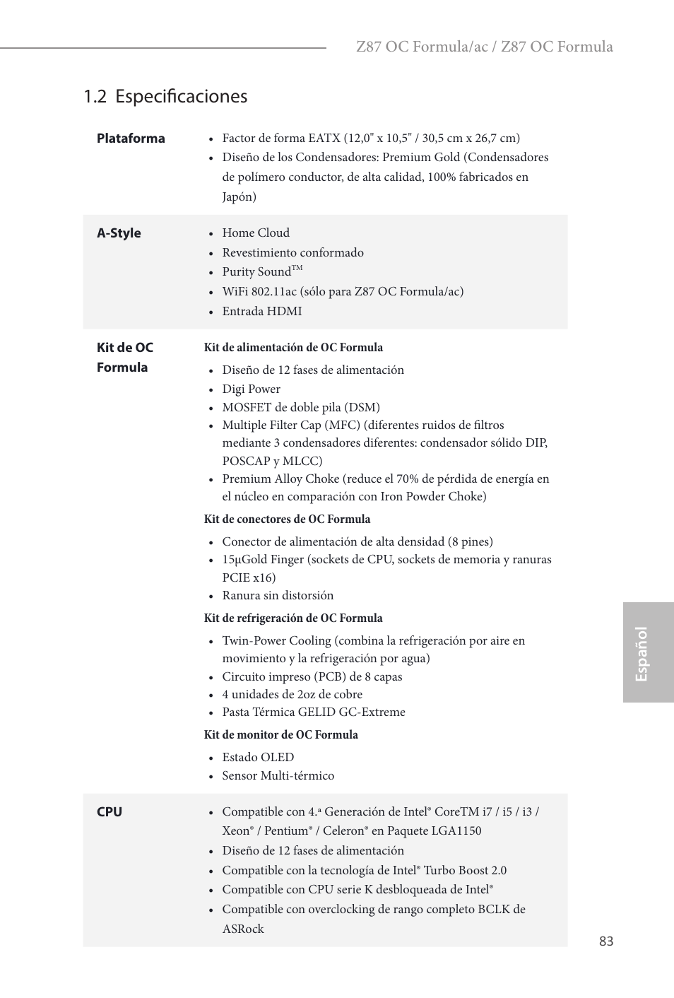 2 especificaciones, Español, Z87 oc formula/ac / z87 oc formula | ASRock Z87 OC Formula__ac User Manual | Page 85 / 224