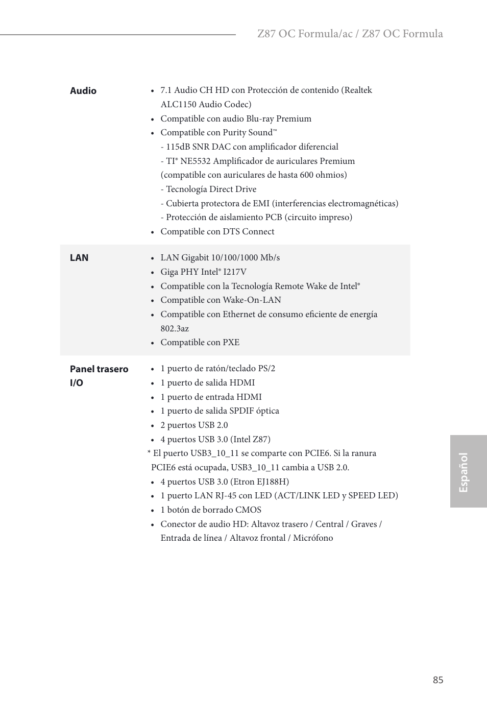 Español, Z87 oc formula/ac / z87 oc formula | ASRock Z87 OC Formula__ac User Manual | Page 87 / 224