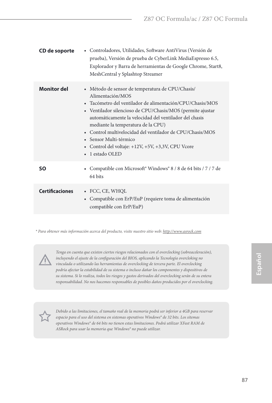 Español, Z87 oc formula/ac / z87 oc formula | ASRock Z87 OC Formula__ac User Manual | Page 89 / 224