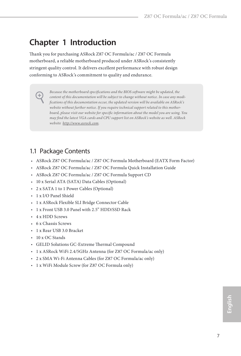 Chapter 1 introduction, 1 package contents, English | ASRock Z87 OC Formula__ac User Manual | Page 9 / 224