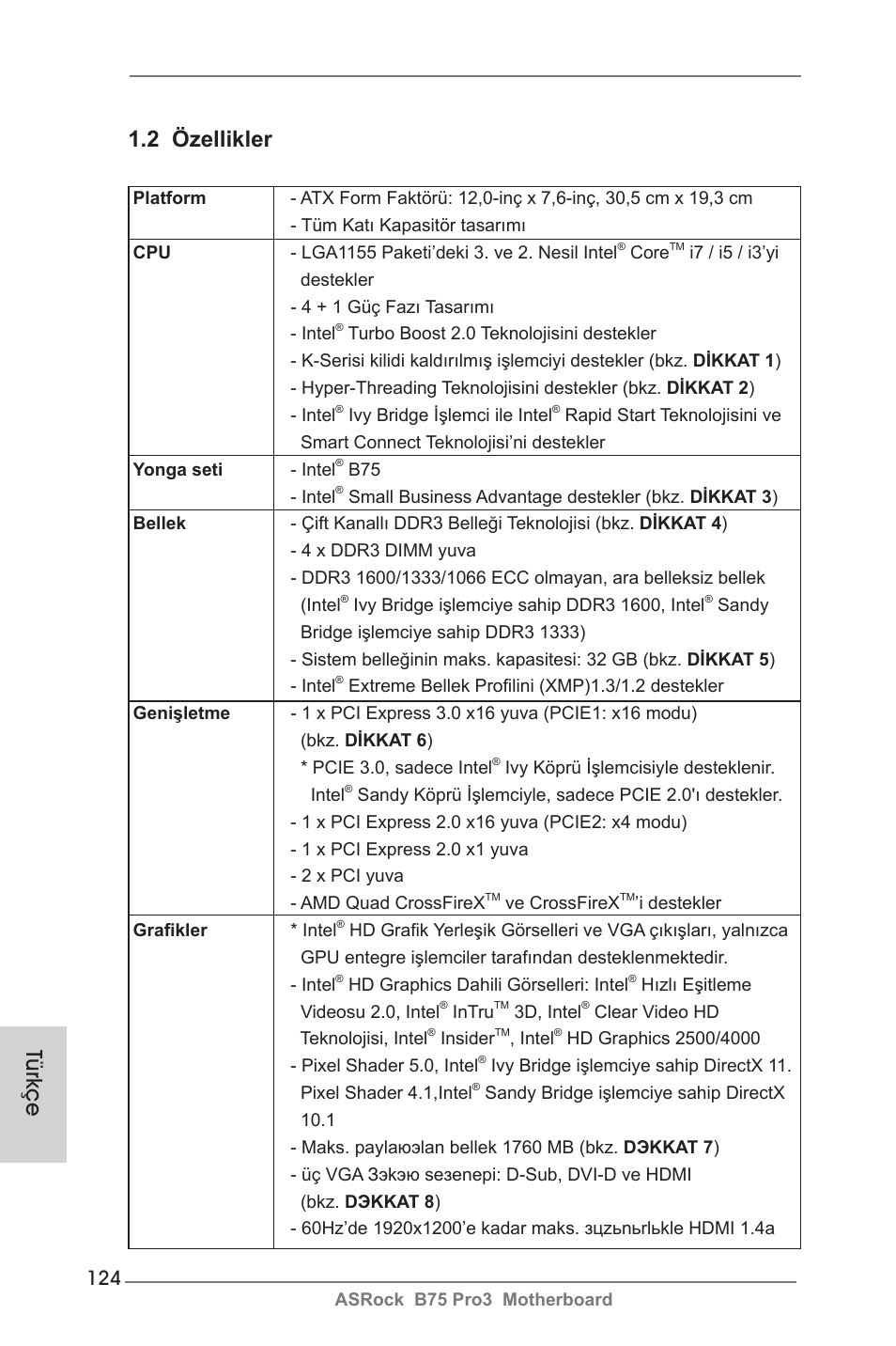 2 özellikler, Türkçe | ASRock B75 Pro3 User Manual | Page 124 / 205