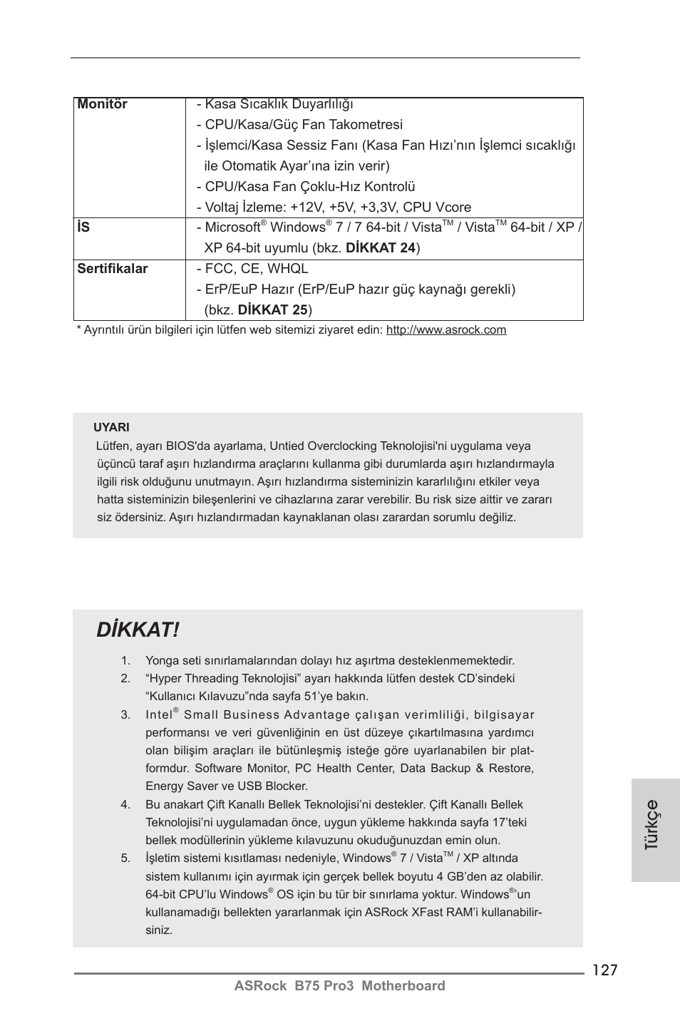 Dikkat, Türkçe | ASRock B75 Pro3 User Manual | Page 127 / 205