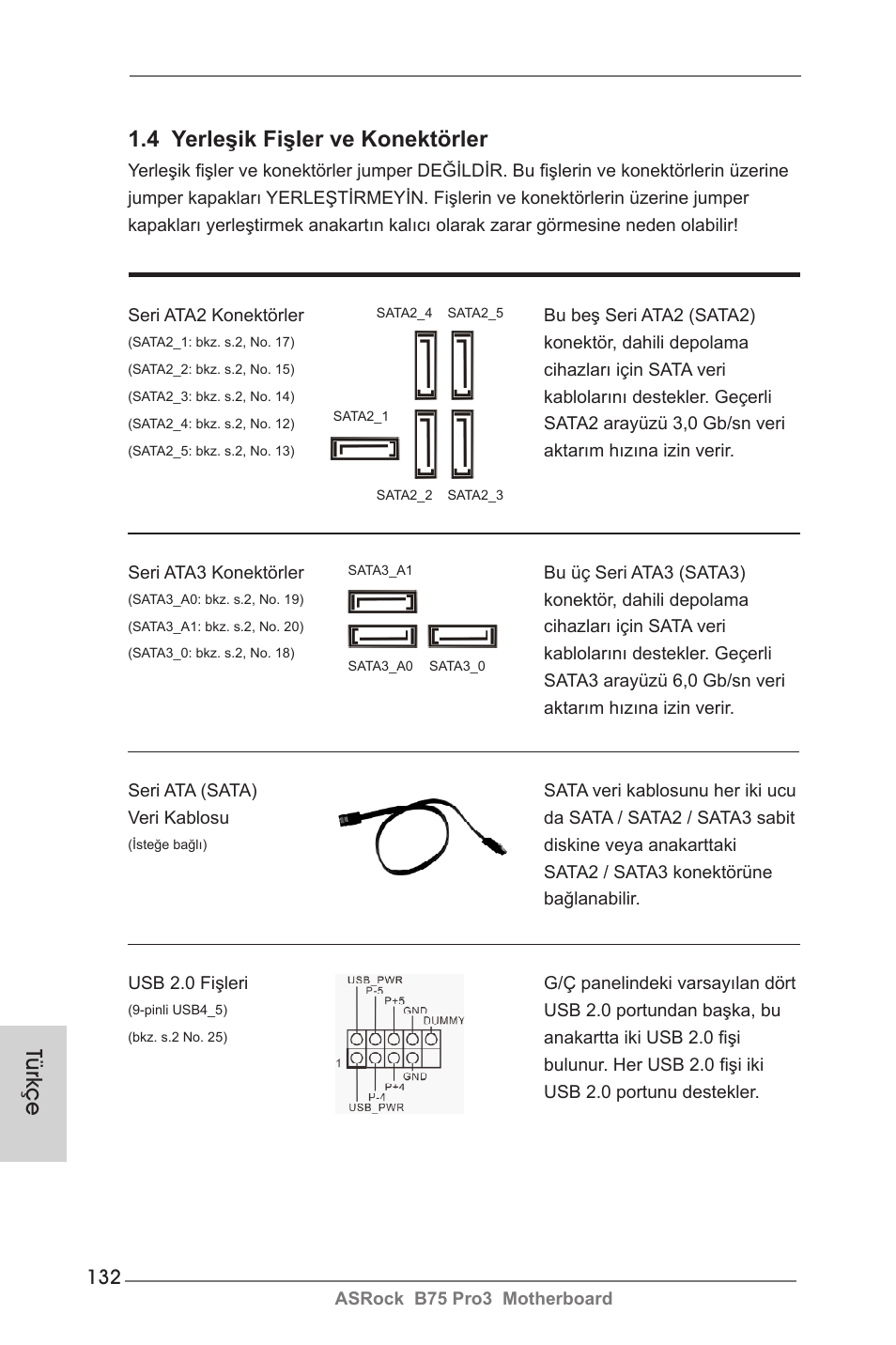 Türkçe 1.4 yerleşik fişler ve konektörler | ASRock B75 Pro3 User Manual | Page 132 / 205