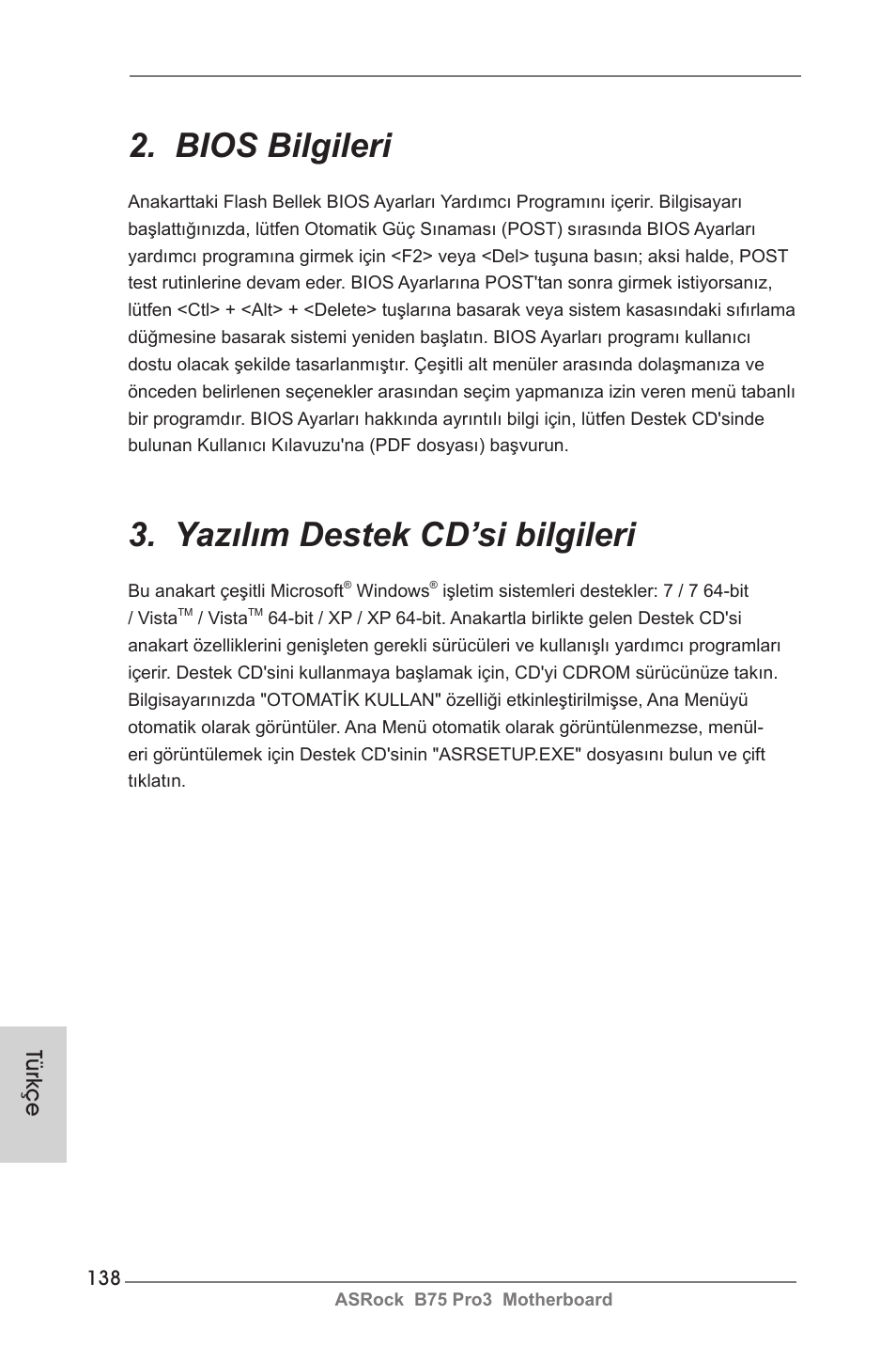 Bios bilgileri, Yazılım destek cd’si bilgileri, Türkçe | ASRock B75 Pro3 User Manual | Page 138 / 205