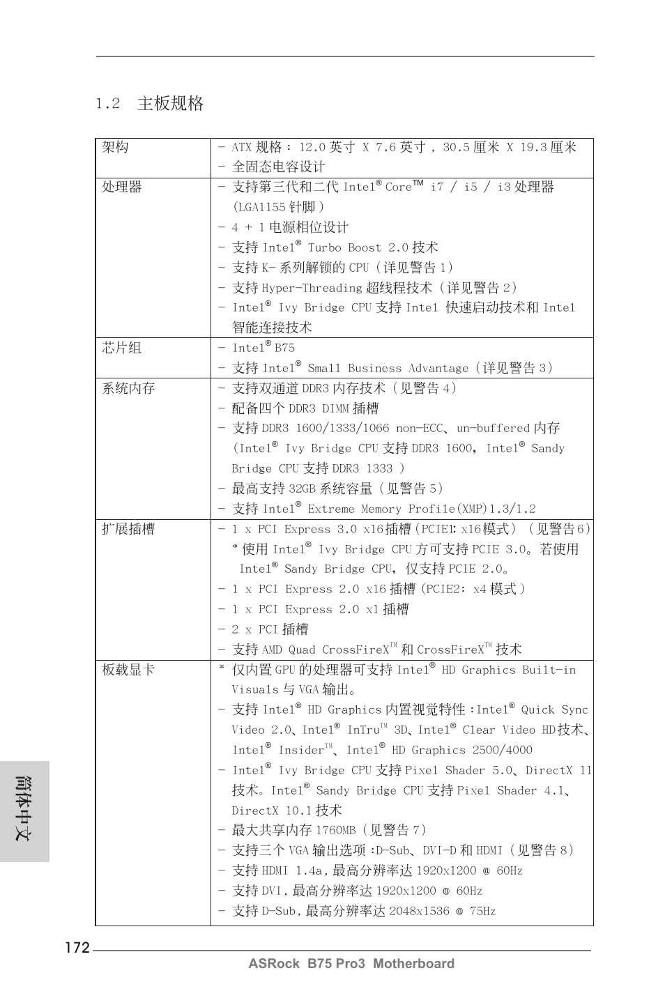 2 主板規格, 簡體中文 | ASRock B75 Pro3 User Manual | Page 172 / 205