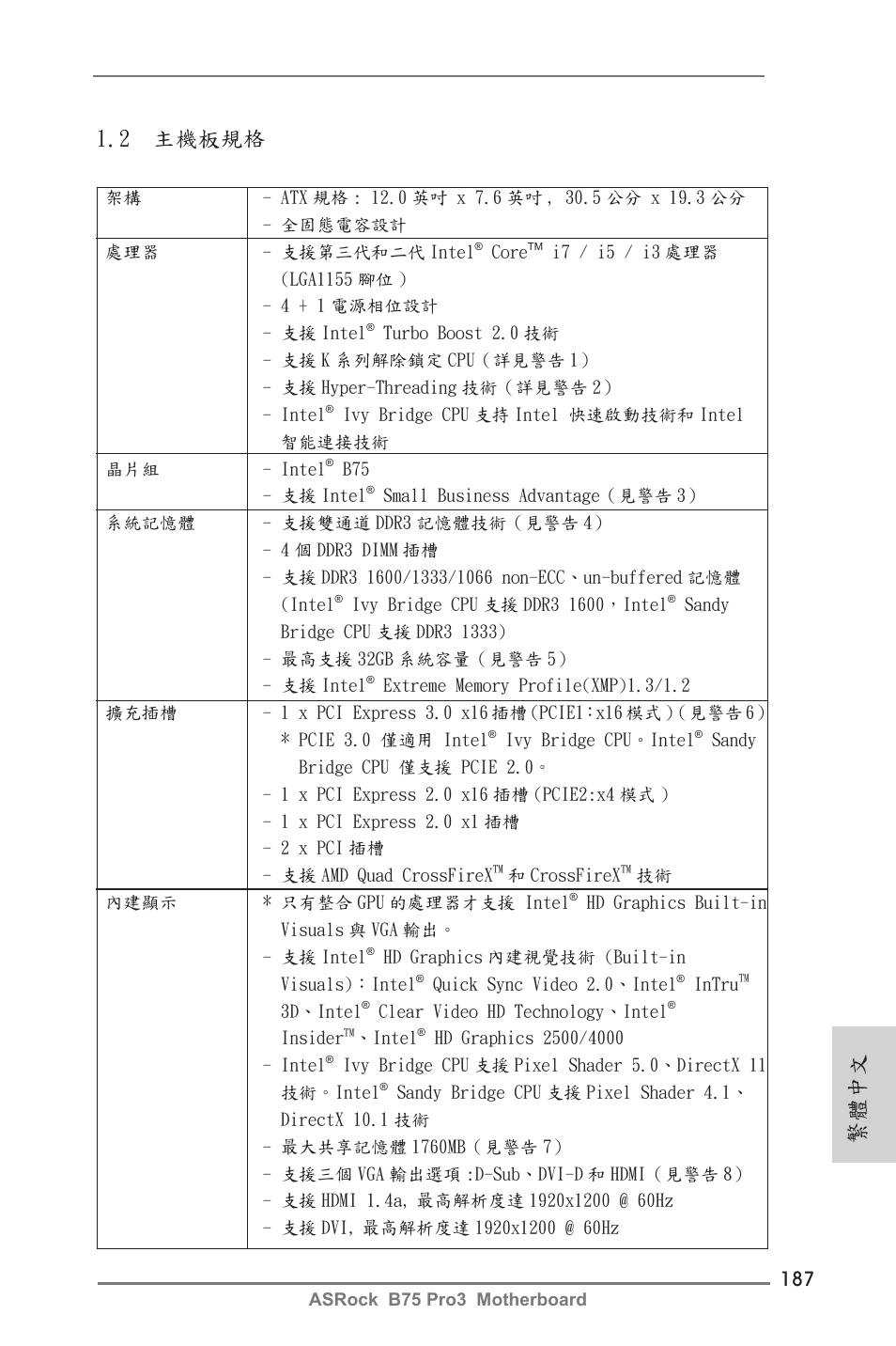 2 主機板規格, 繁體中文 | ASRock B75 Pro3 User Manual | Page 187 / 205