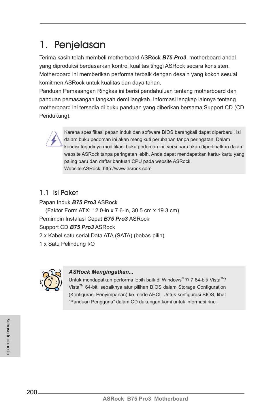 Indonesian, Penjelasan, 1 isi paket | ASRock B75 Pro3 User Manual | Page 200 / 205