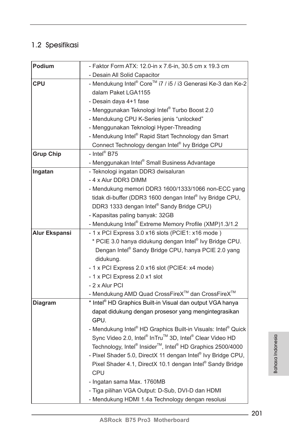 2 spesifikasi | ASRock B75 Pro3 User Manual | Page 201 / 205