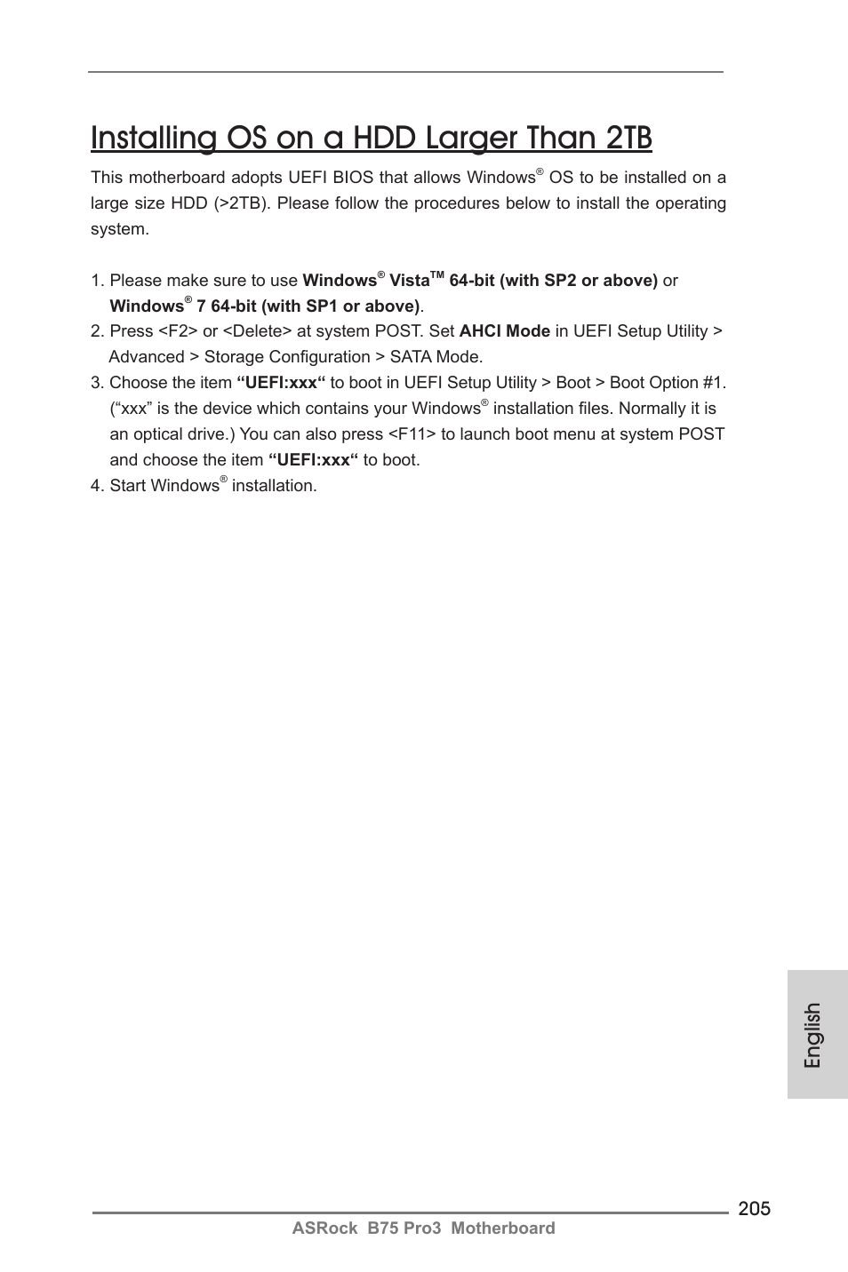 Installing os on a hdd larger than 2tb, English | ASRock B75 Pro3 User Manual | Page 205 / 205