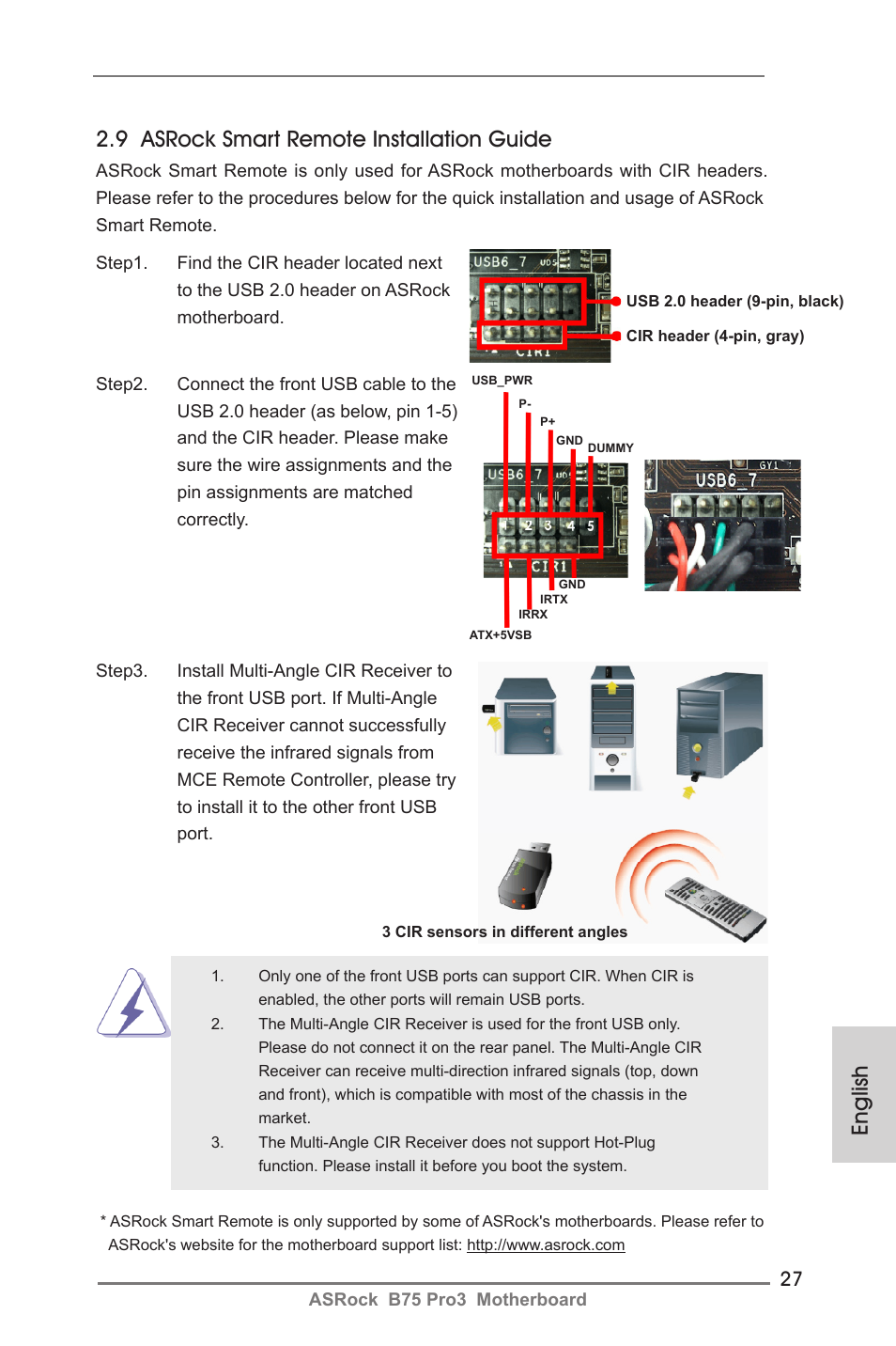 English, 9 asrock smart remote installation guide | ASRock B75 Pro3 User Manual | Page 27 / 205