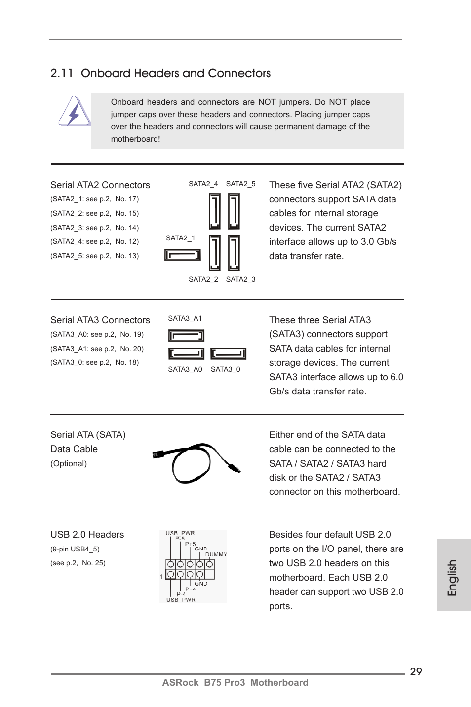 English 2.11 onboard headers and connectors | ASRock B75 Pro3 User Manual | Page 29 / 205