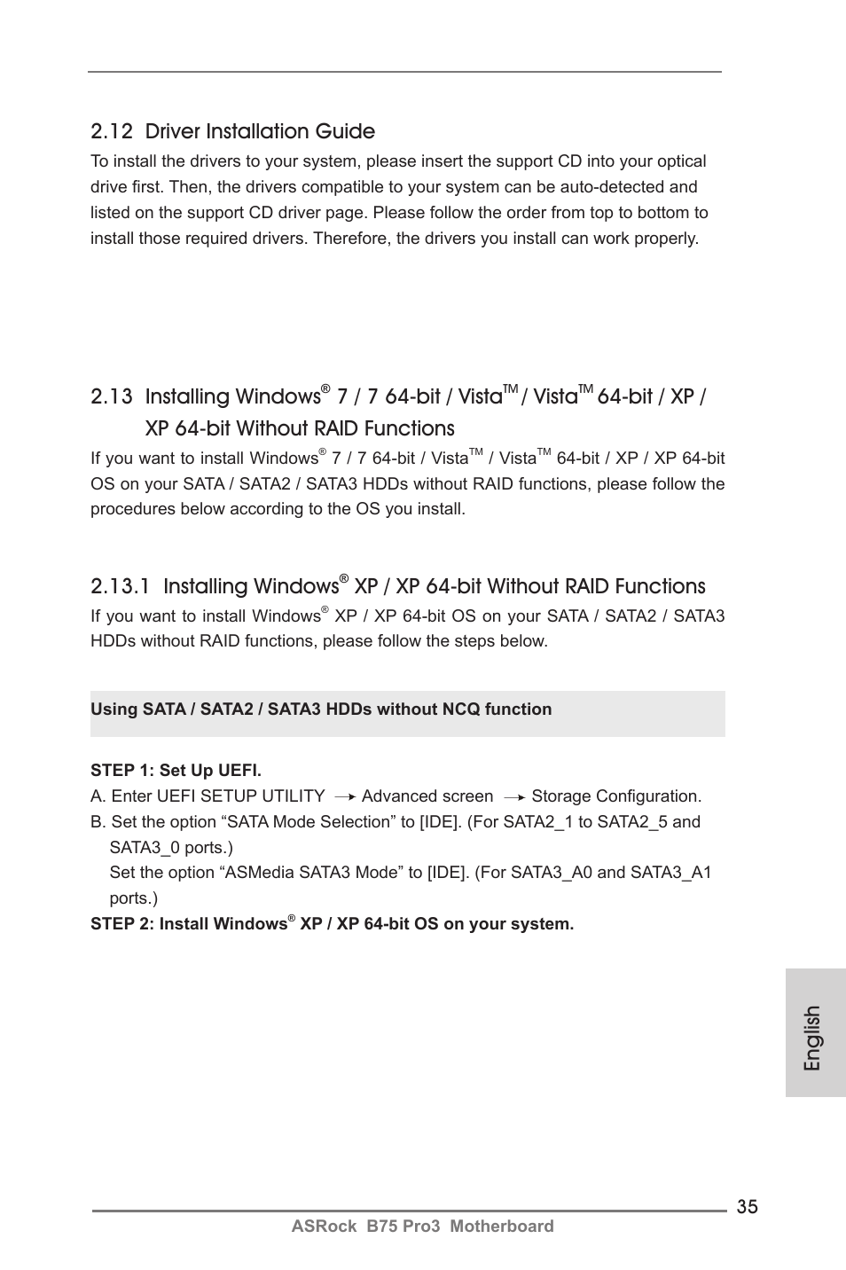 English 2.12 driver installation guide, 13 installing windows, 7 / 7 64-bit / vista | Vista, Bit / xp / xp 64-bit without raid functions, 1 installing windows, Xp / xp 64-bit without raid functions | ASRock B75 Pro3 User Manual | Page 35 / 205